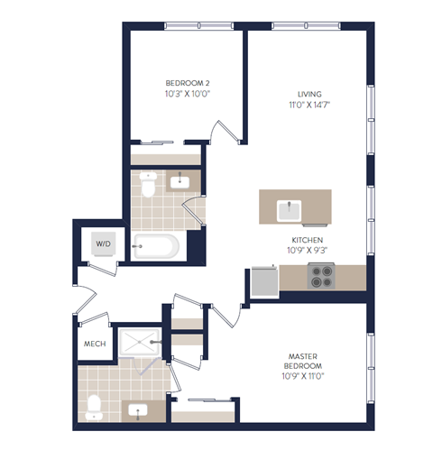 Floor plan for 2 beds, 2 baths, 835 sqft